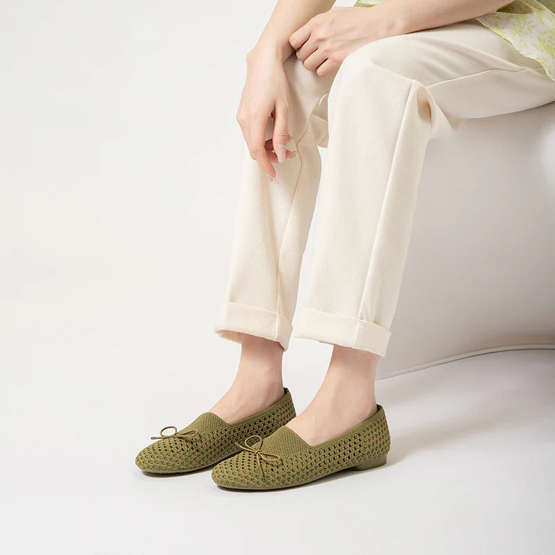 Bow Hollow Mesh Knit Round Toe Low Heel Flats - Avocado