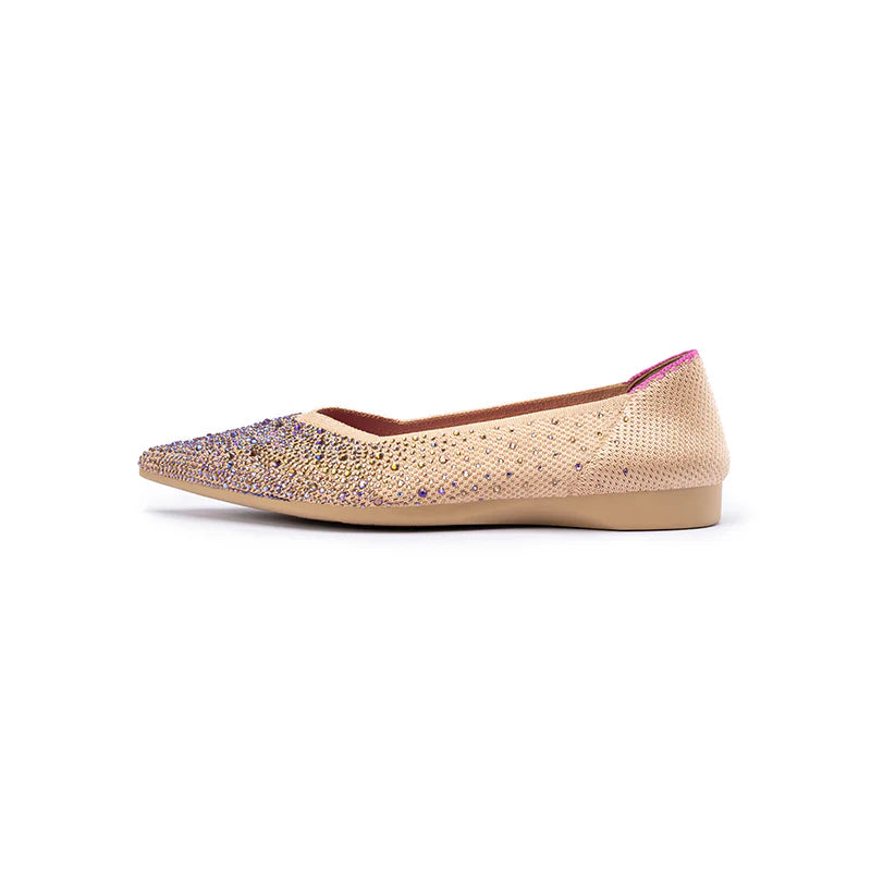 Rhinestone Knit Pointed Toe Ballet Flats - Apricot