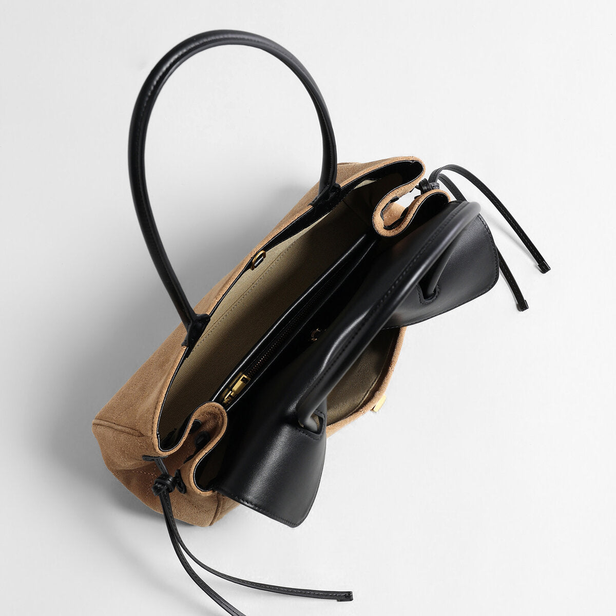 Two-Tone Quilted Suede & Leather Baguette Bag - Camel