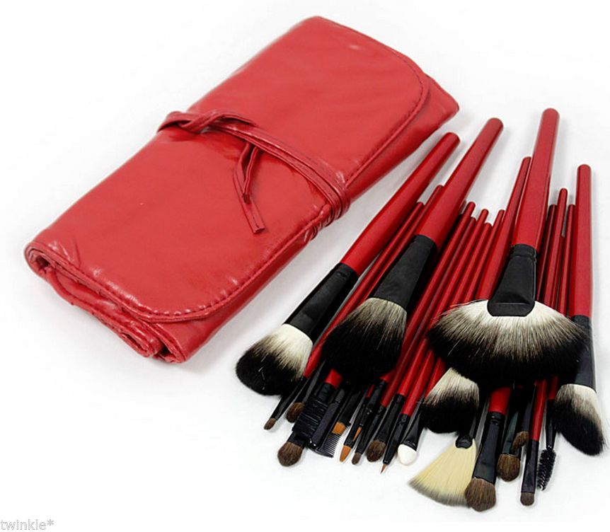 22 Piece Makeup Brush Set Soft Hair Brush Roll Up Carry Bag Red