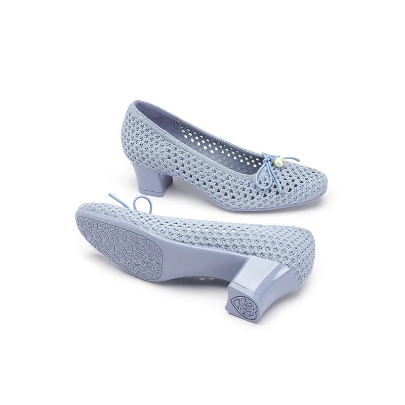 Pearl Bow Mesh Knit Round Toe Pumps - Blue
