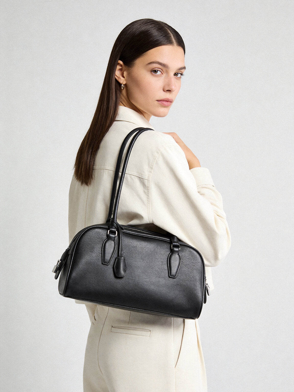 Pebbled Leather Bowling Bag with Padlock Detail - Black