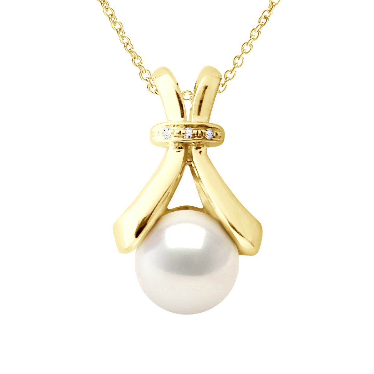 Necklace Jewelry Diamond 0.01Cts (3 X 0.0033 Cts) Yellow Gold and Real Cultured Freshwater Pearl Button 6-7 mm - Longueur 18 cm