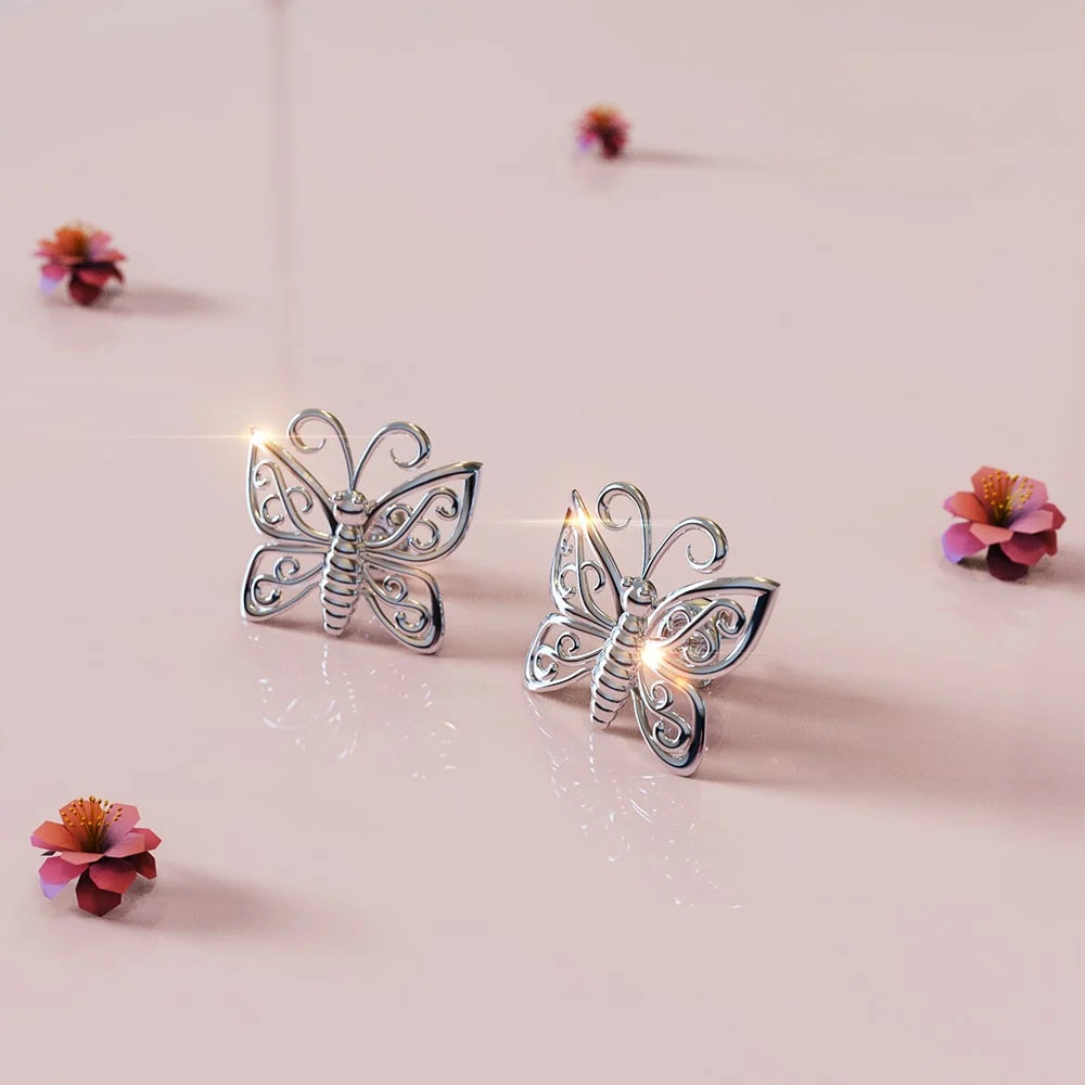 Solid 925 Sterling Silver Butterfly Stud Earrings