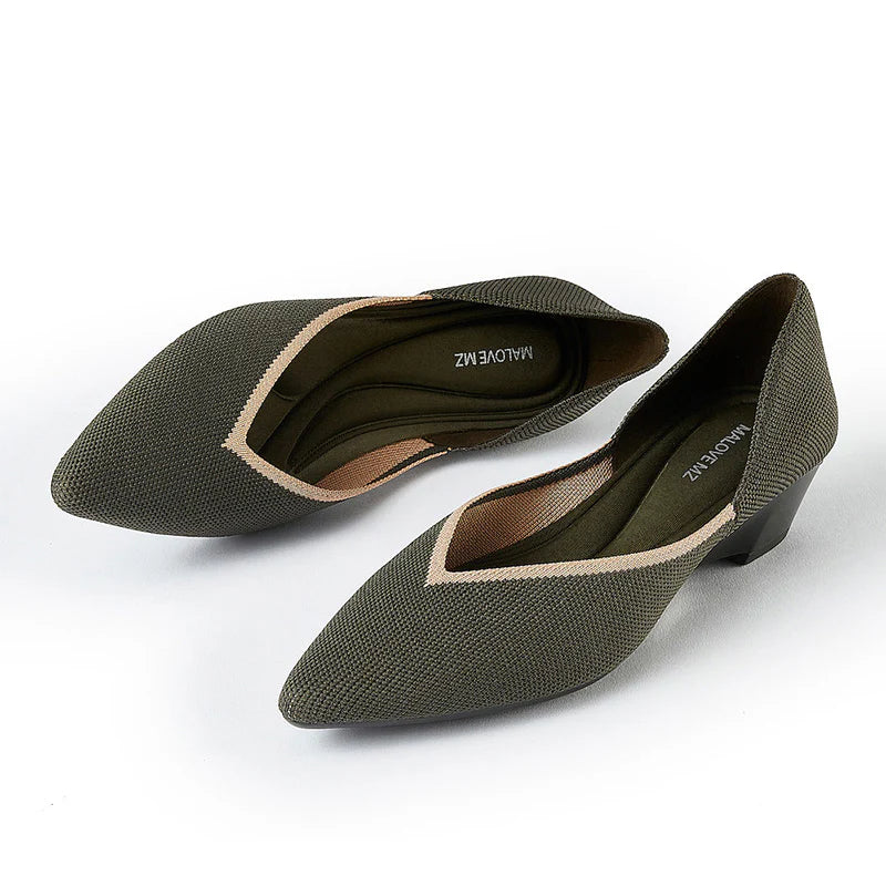 Minimalist Heart Heel Pointed Toe Knit Flats - Olive