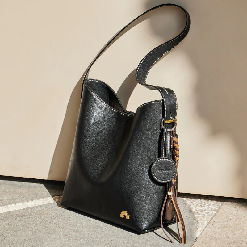 Nalandu Vintage Leather Large Capacity Tote Bag - Black