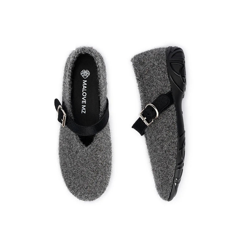 Fuzzy Mary Jane Flats - Grey