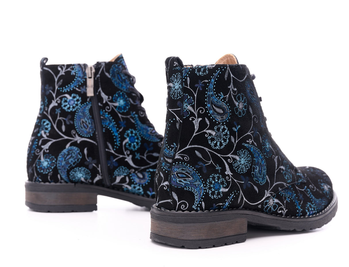 Bosccolo Womens Ankle Boots - Black Blue Embroidery