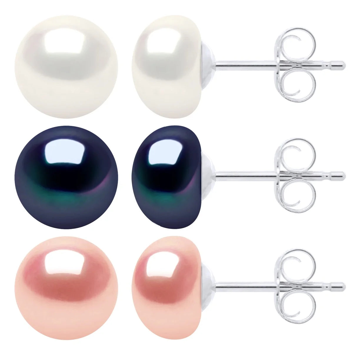 3 Pair Earring Set Freshwater Pearl White & Black & Pink 7-8mm