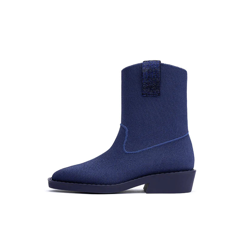 Knit Block Heel Ankle Boots - Navy