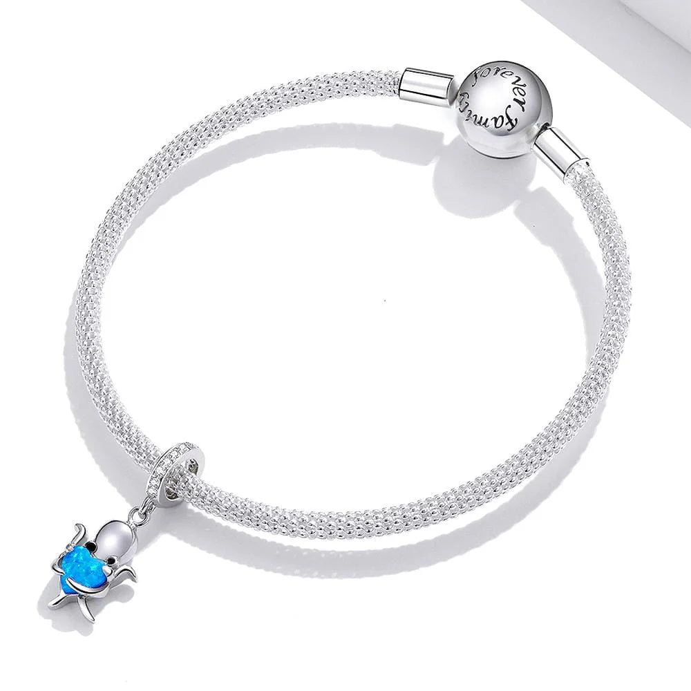 Solid 925 Sterling Silver Little Octopus feat. Blue Blazing Heart Pandora Inspired Charm