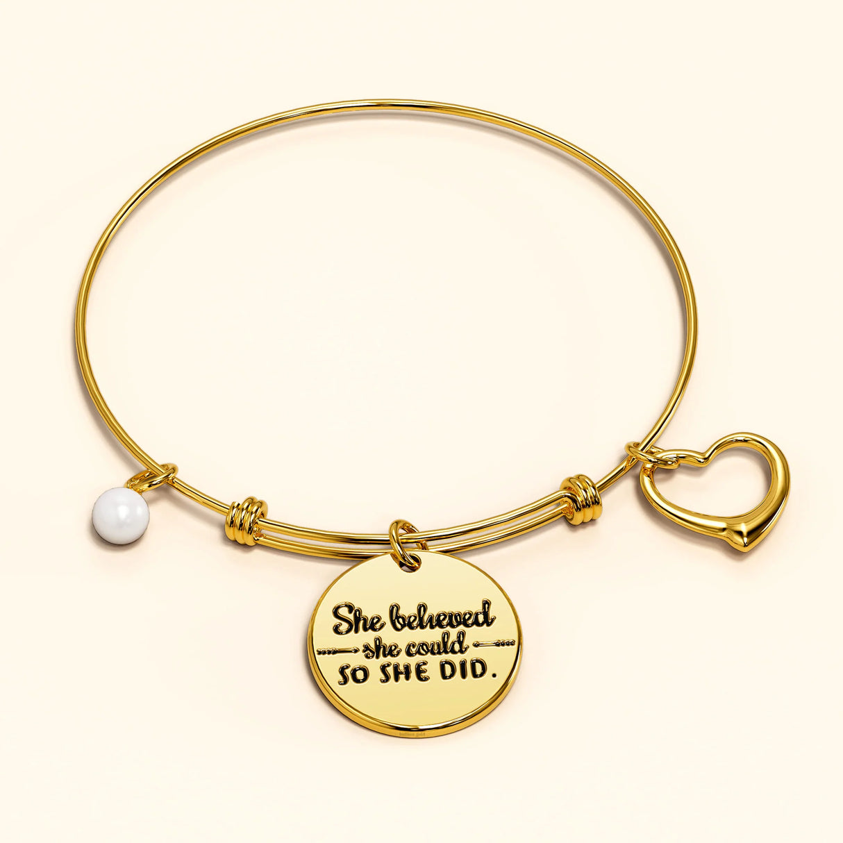 Bullion Gold She Believed She Could Heart Charm Gold Layered Tubular Adjustable Inspirational Bangle