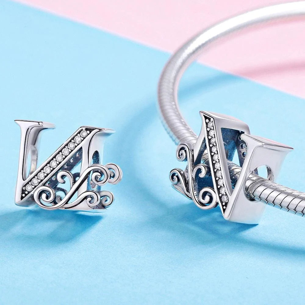 Solid 925 Sterling Silver Vintage Inspired Antique Alphabet Charm