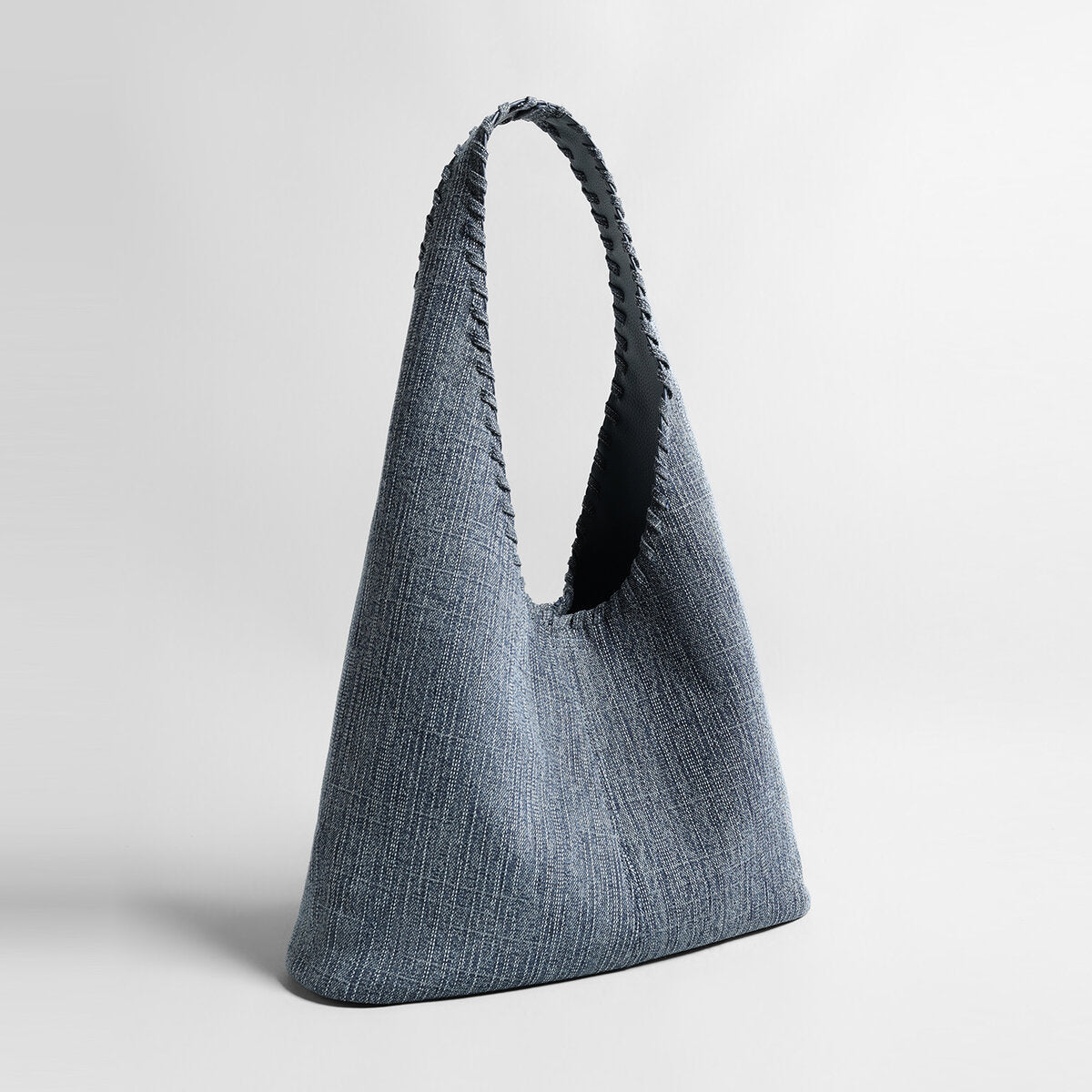 Textured Denim-Style Woven Hobo Tote Bag - Denim