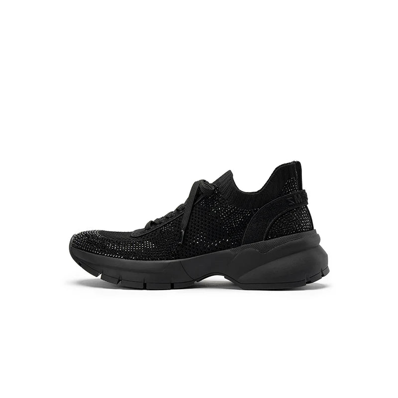 Rhinestone Mesh Knit Chunky Platform Sneakers - Black
