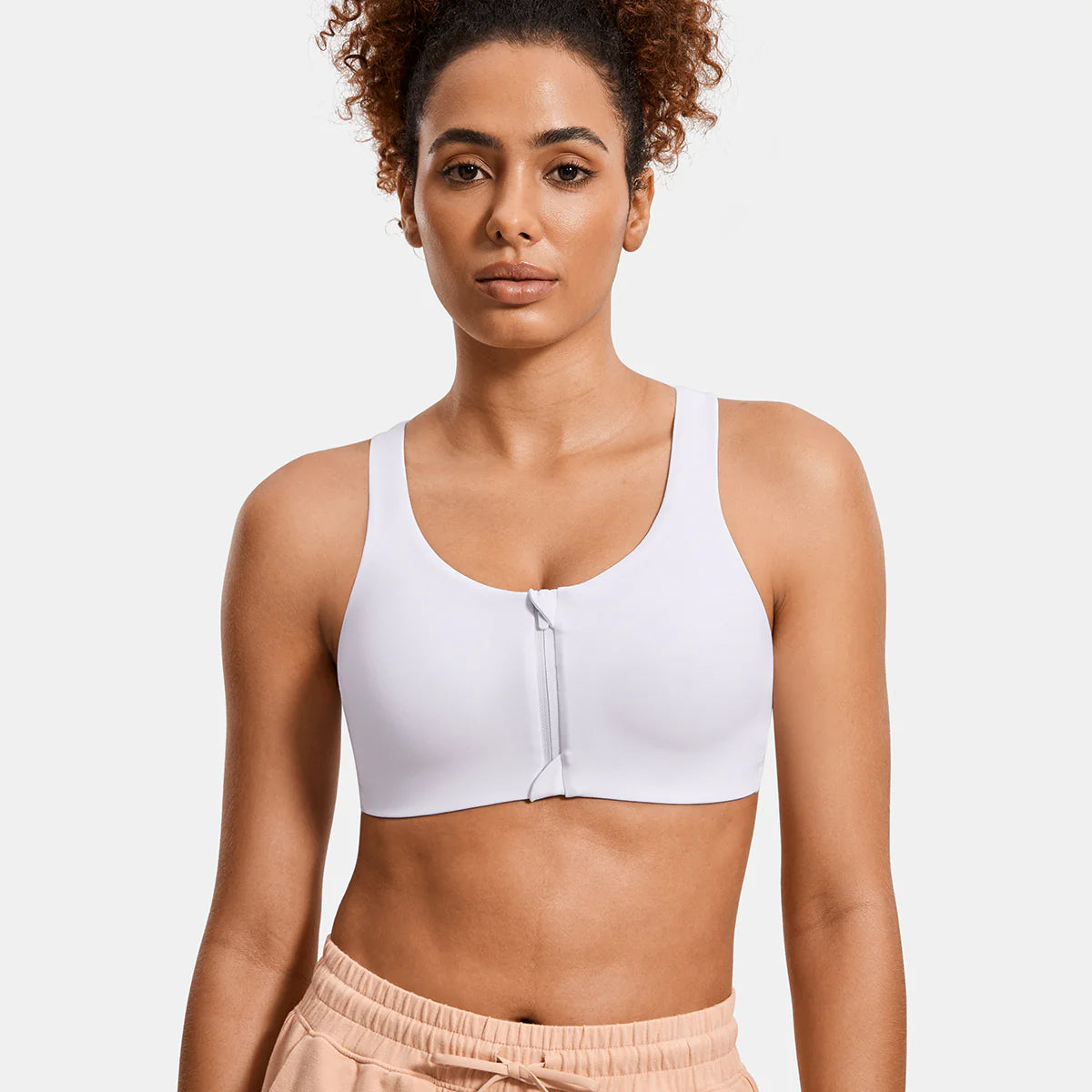 Power On Soft Padded High Impact Zip Front Sports Bra - White