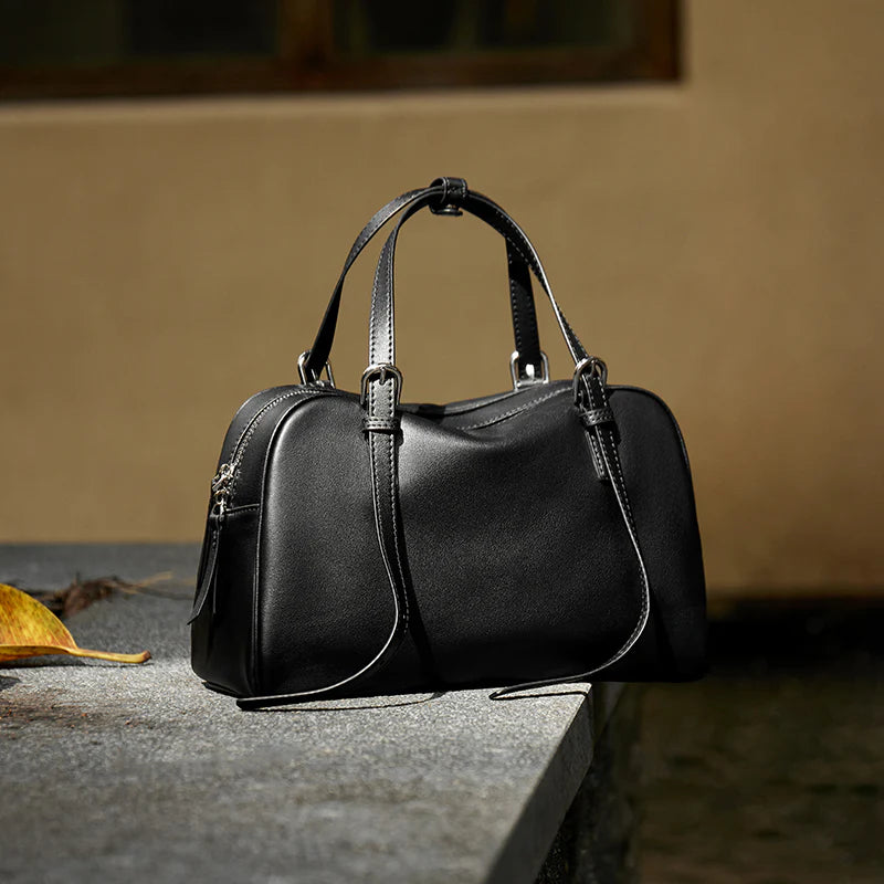 Nalandu Vintage Leather Bowling Bag - Black