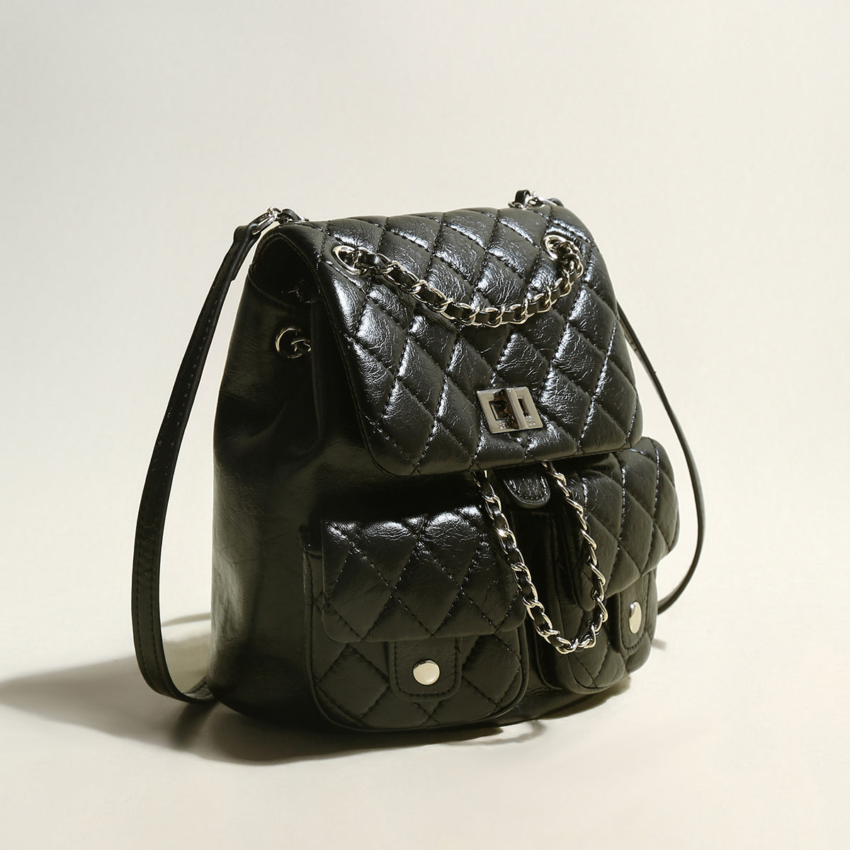 Multi-Pocket Chainstrap Quilted Backpack - Black
