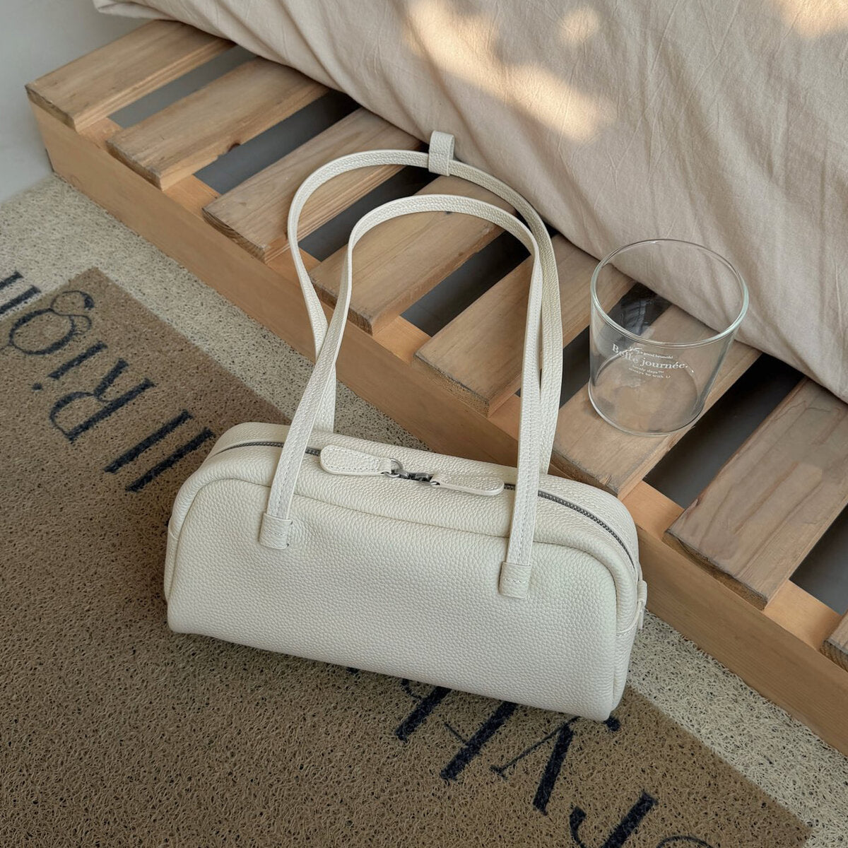 Structured Pebbled Leather Pillow Bag - White