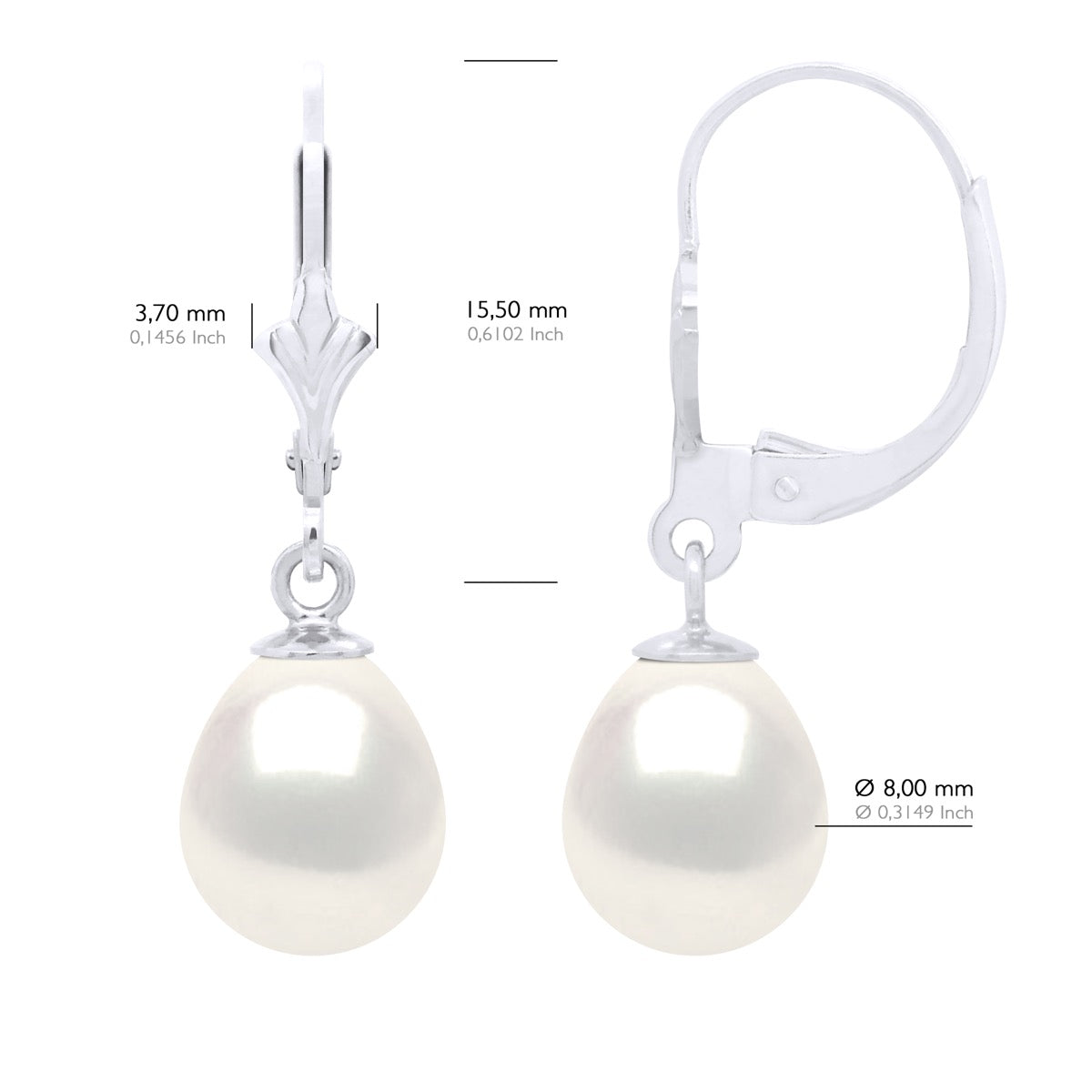 Earrings In White Gold 375 and Real Cultured Freshwater Pearls Pear 8-9 mm - Natural Pearl White - Longueur 42 cm