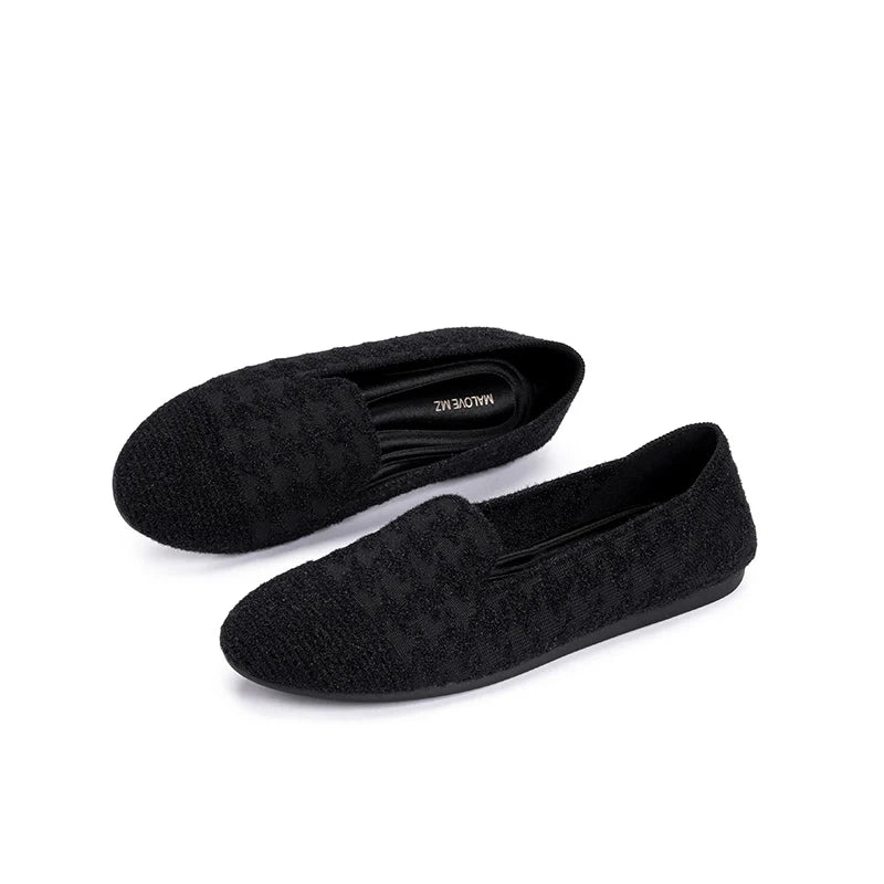 Houndstooth Knit Slip-On Flat Loafers - Black