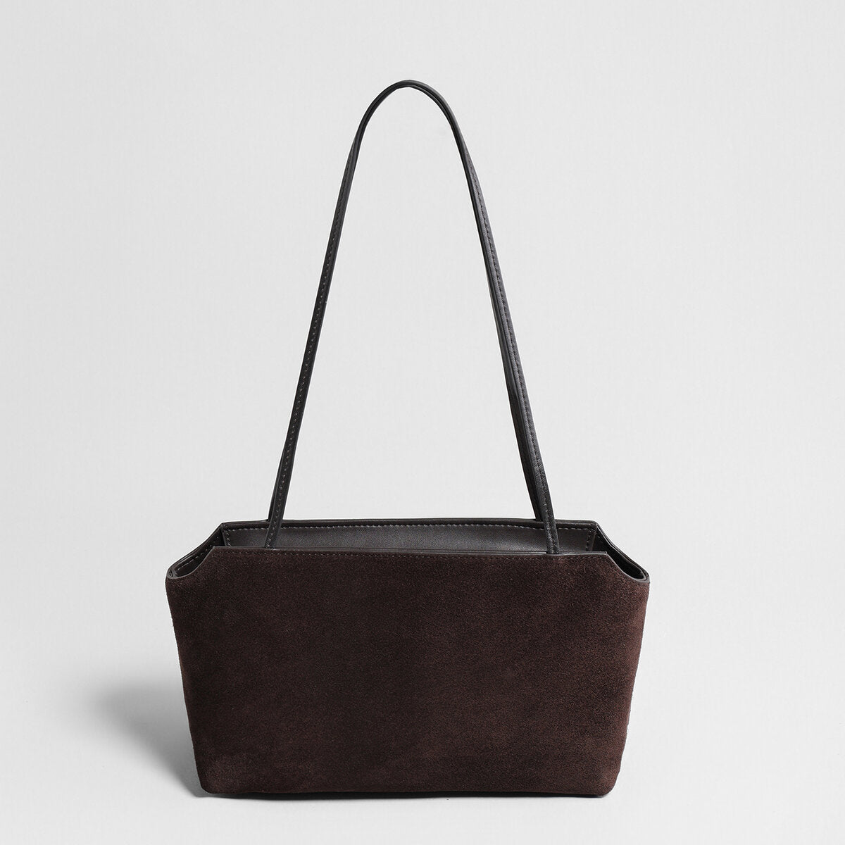 Suede Leather Structured Shoulder Bag - Chocolate
