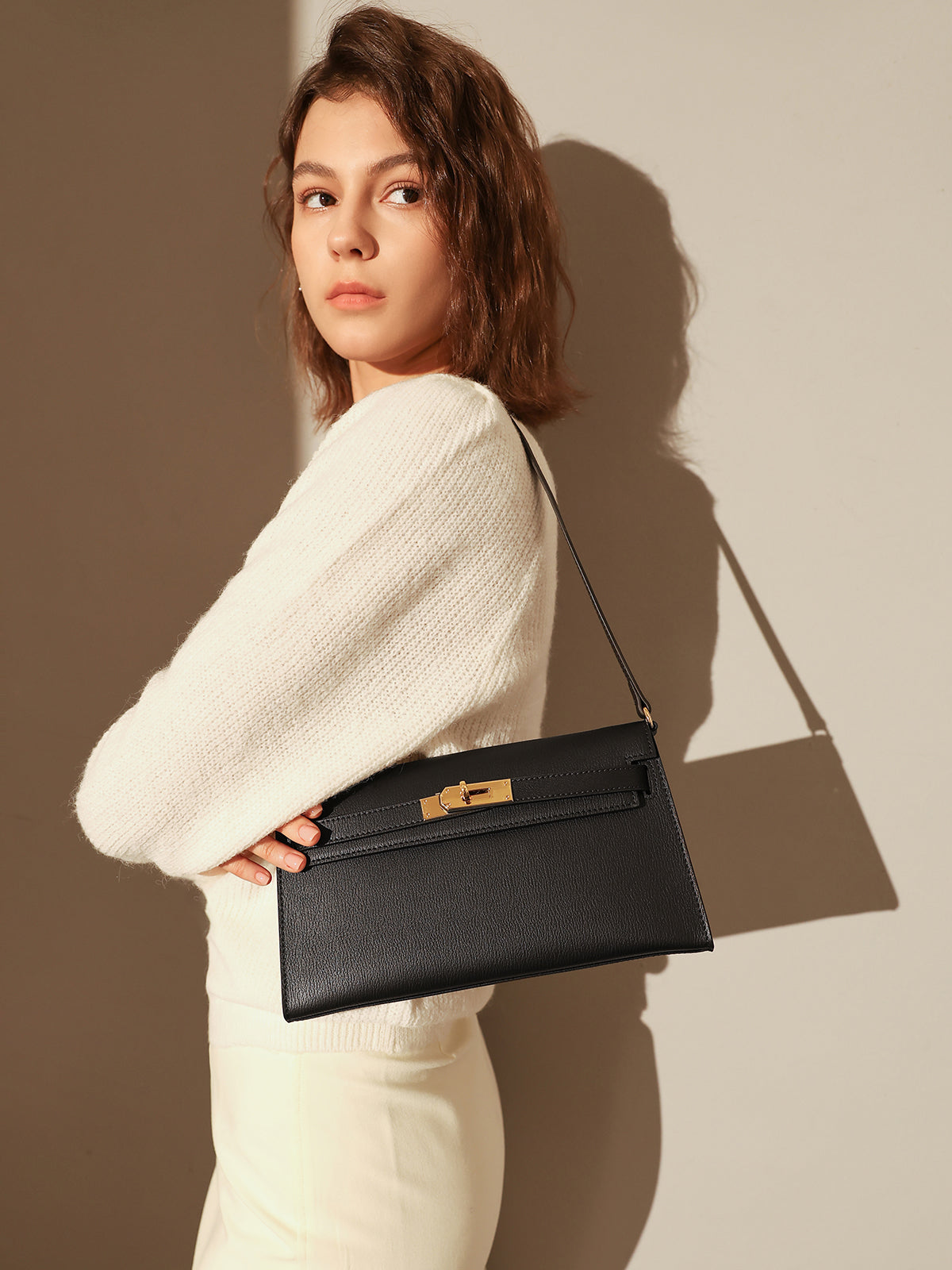 Camille Palm-Grain Calfskin Shoulder Bag - Black
