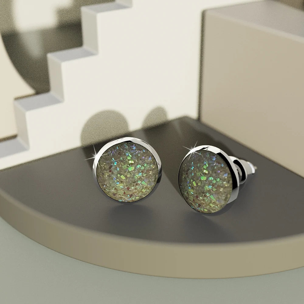Bullion Gold Amalgam White Gold Layered White Stone Stud Earrings 15mm