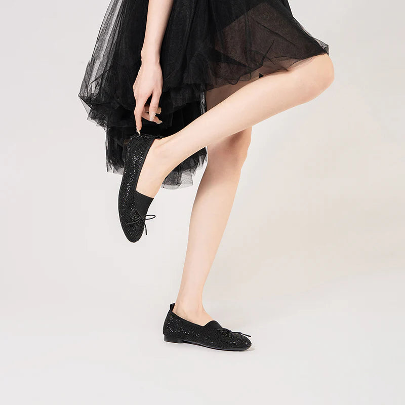 Rhinestone Bow Knit Round Toe Ballet Flats - Black