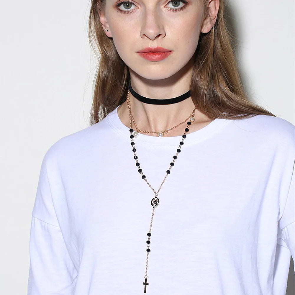 Multilayer 3 Piece Choker Doughnut Cross Layering Gold Necklace