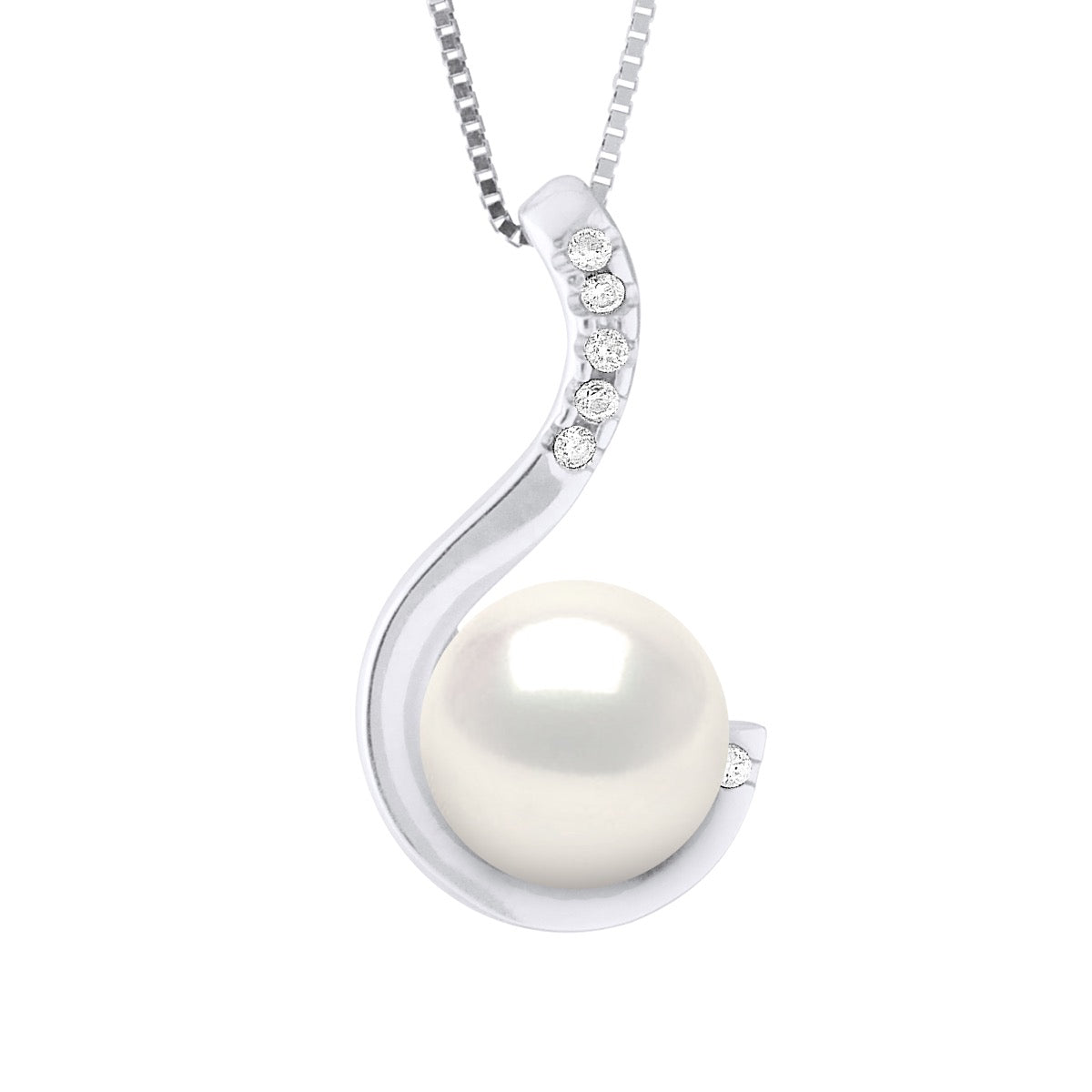 Pendant Jewelry 0,06 Cts ( 6 X 0,01 Cts ) White Gold and Real Cultured Freshwater Pearl - Natural White - Longueur 42 cm