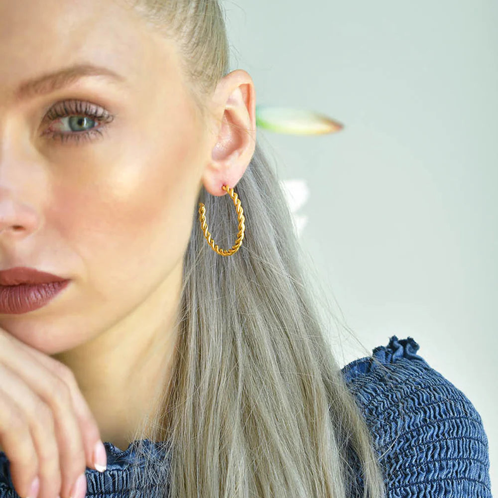 Bullion Gold Twisted Braid C-Hoop Gold Layered Earrings 30mm