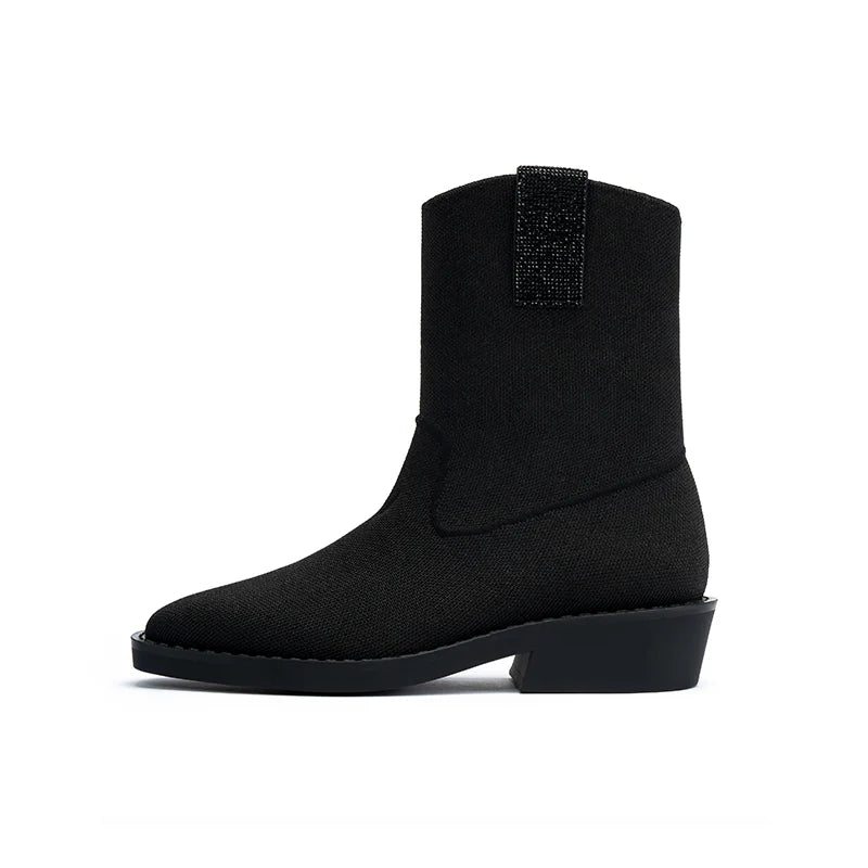 Knit Block Heel Ankle Boots - Black