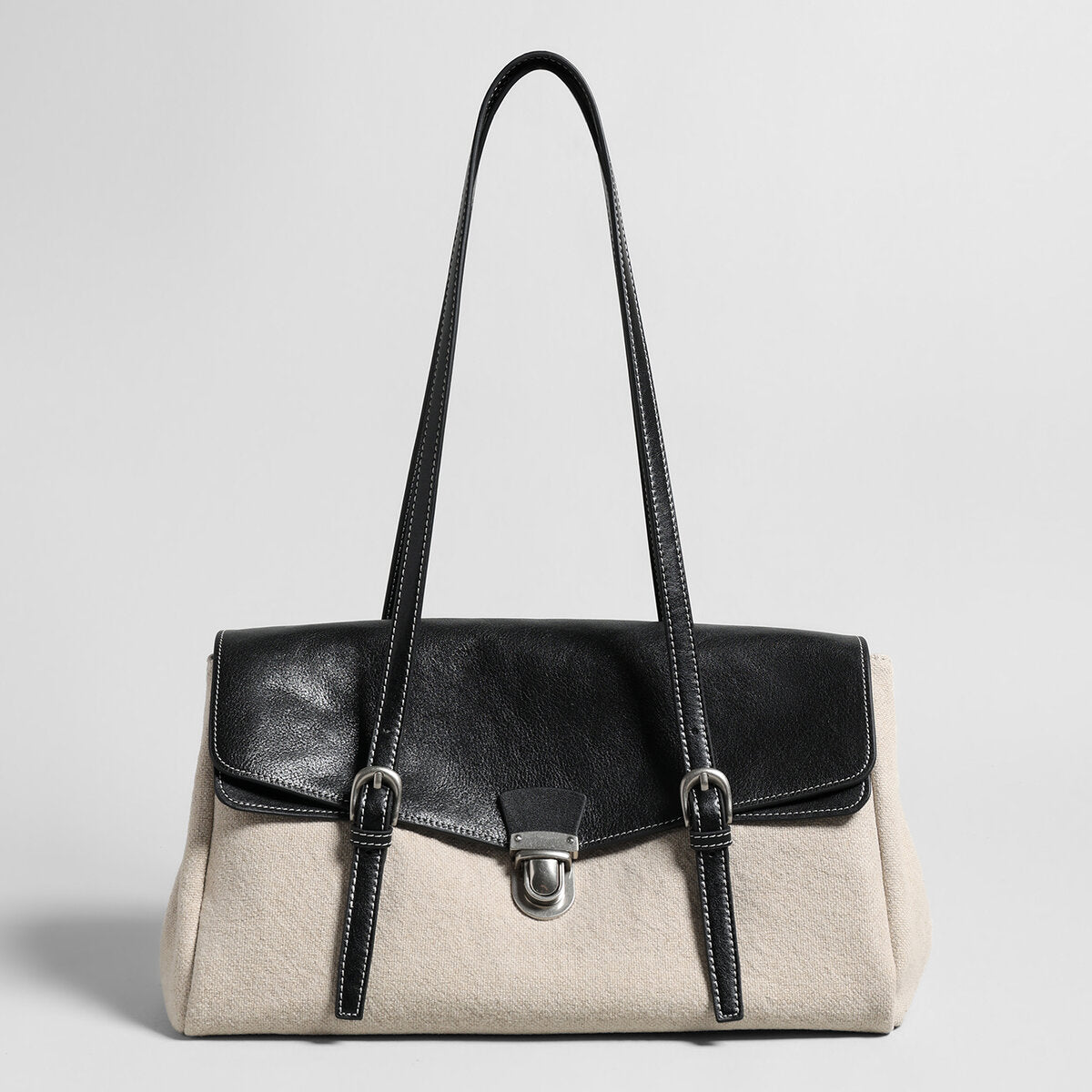Canvas & Calfskin Leather Flap Tote Bag - Ivory