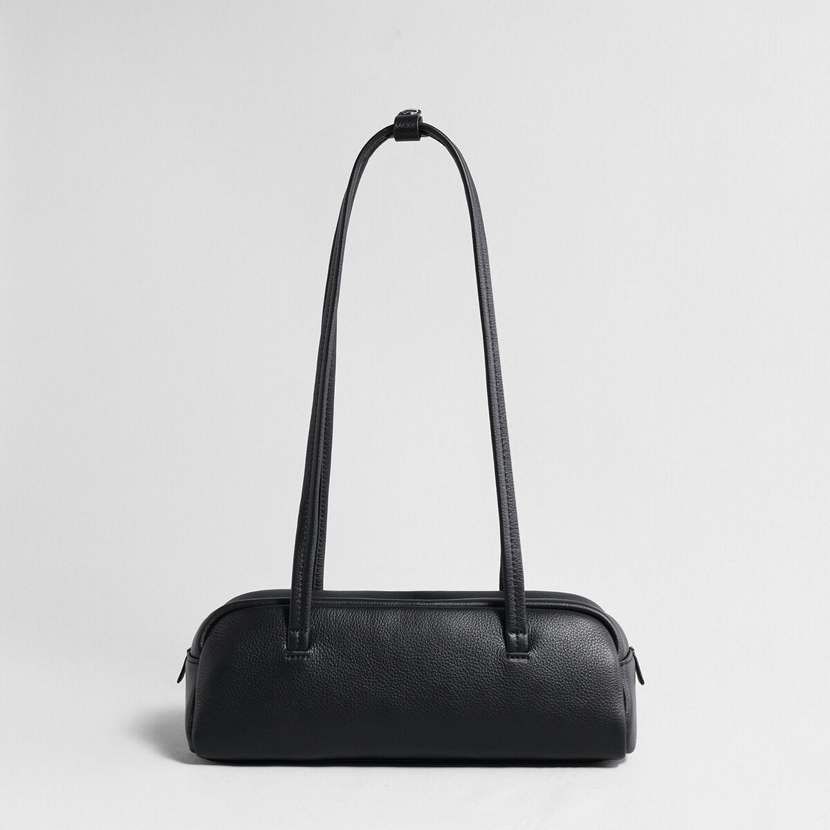 Litchi-Grain Leather Baguette Bag - Black