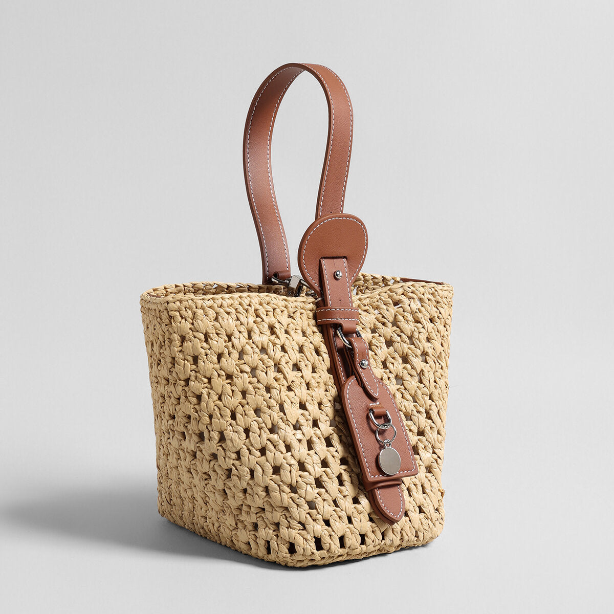 Handwoven Raffia Bucket Bag - Brown