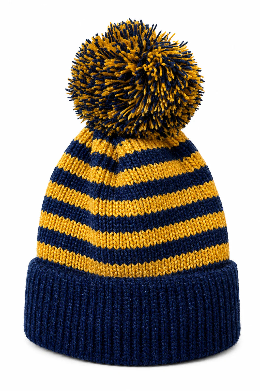 Cherry Red Stripe Kids Beanie W/ Pom Pom - Blue/Yellow