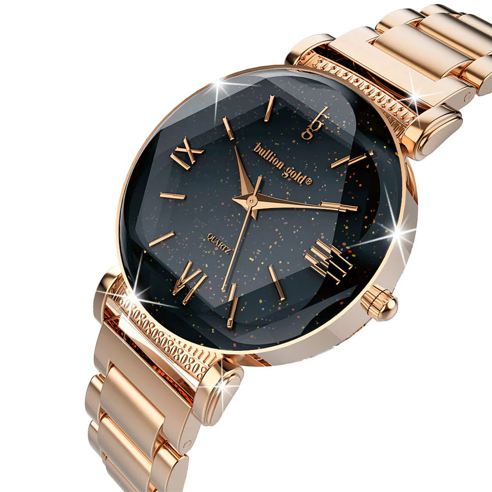 Bullion Gold Bullion Gold Romish Watch Embellished with Glittering Crystals - Rose Gold and Black