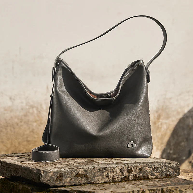 Nalandu Vintage Leather Slouchy Tote Bag - Charcoal