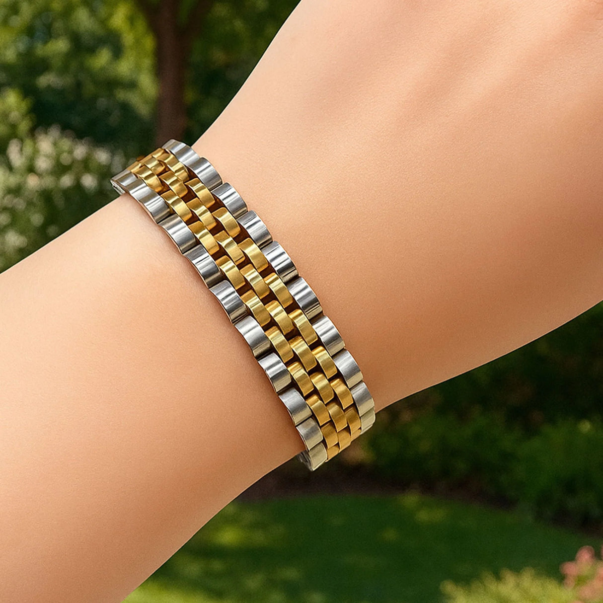 Bullion Gold Brick Dual Tone Gold Layered Stainless Steel Bracelet
