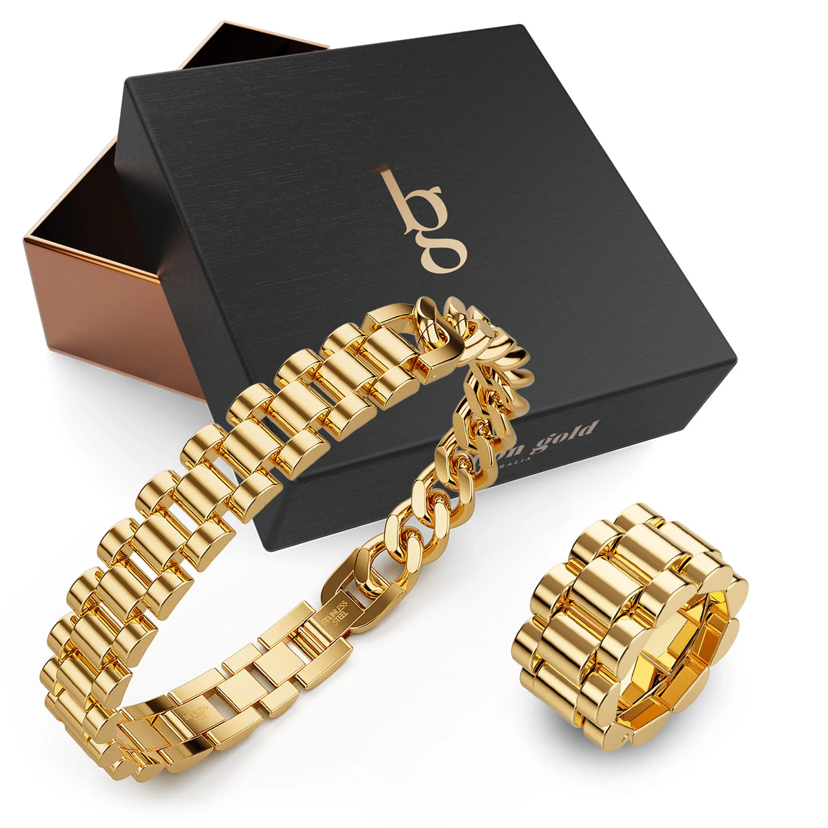 Boxed Oyster Bangle and Ring Set in Yellow Gold