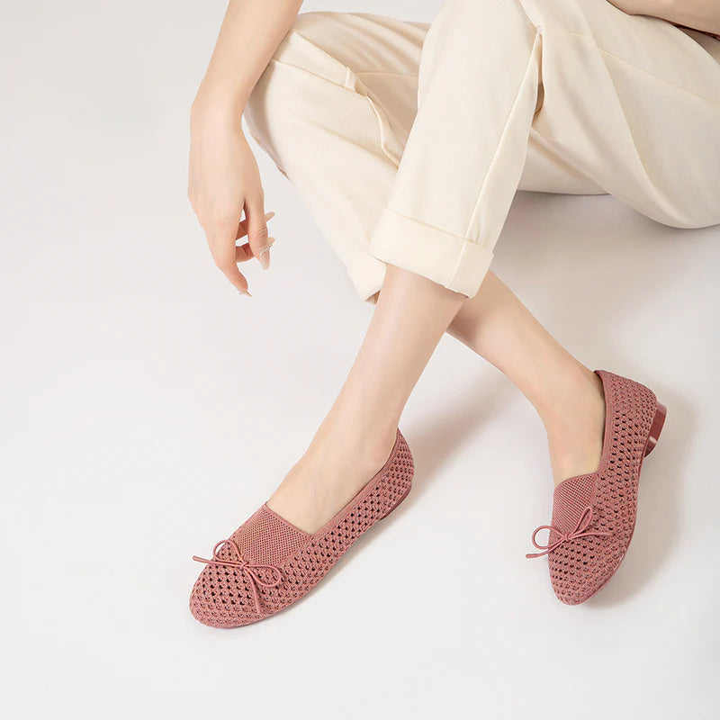Bow Hollow Mesh Knit Round Toe Low Heel Flats - Coral