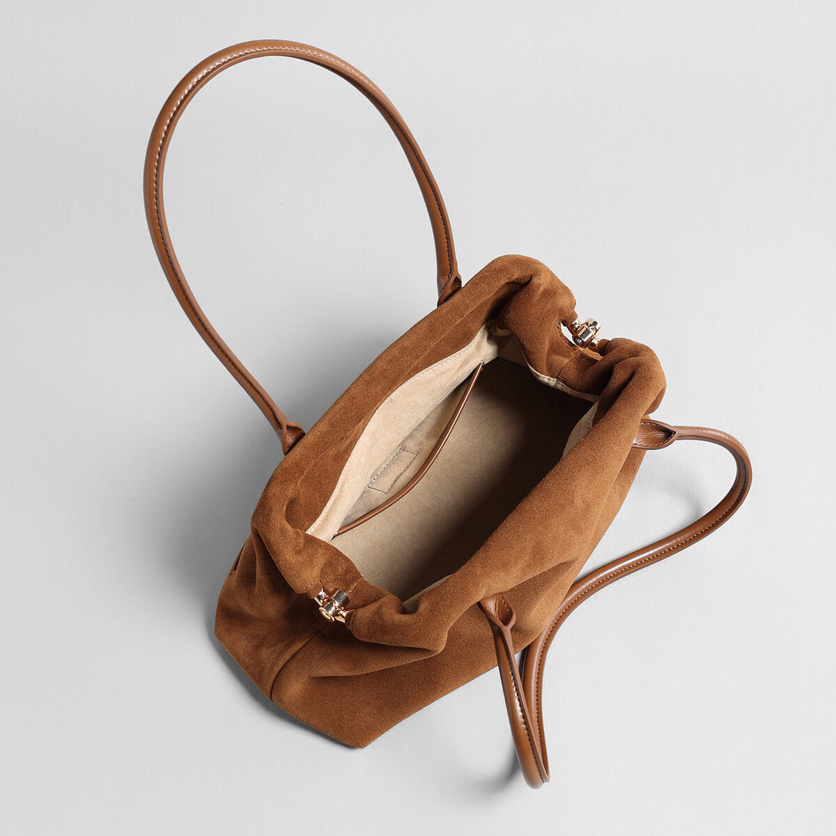 Suede Leather Dome Shoulder Bag - Brown