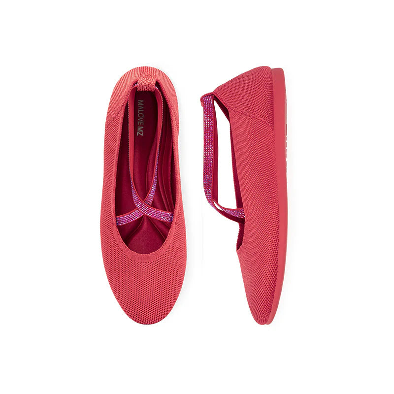 Rhinestone Cross Strap Knit Ballet Flats - Watermelon