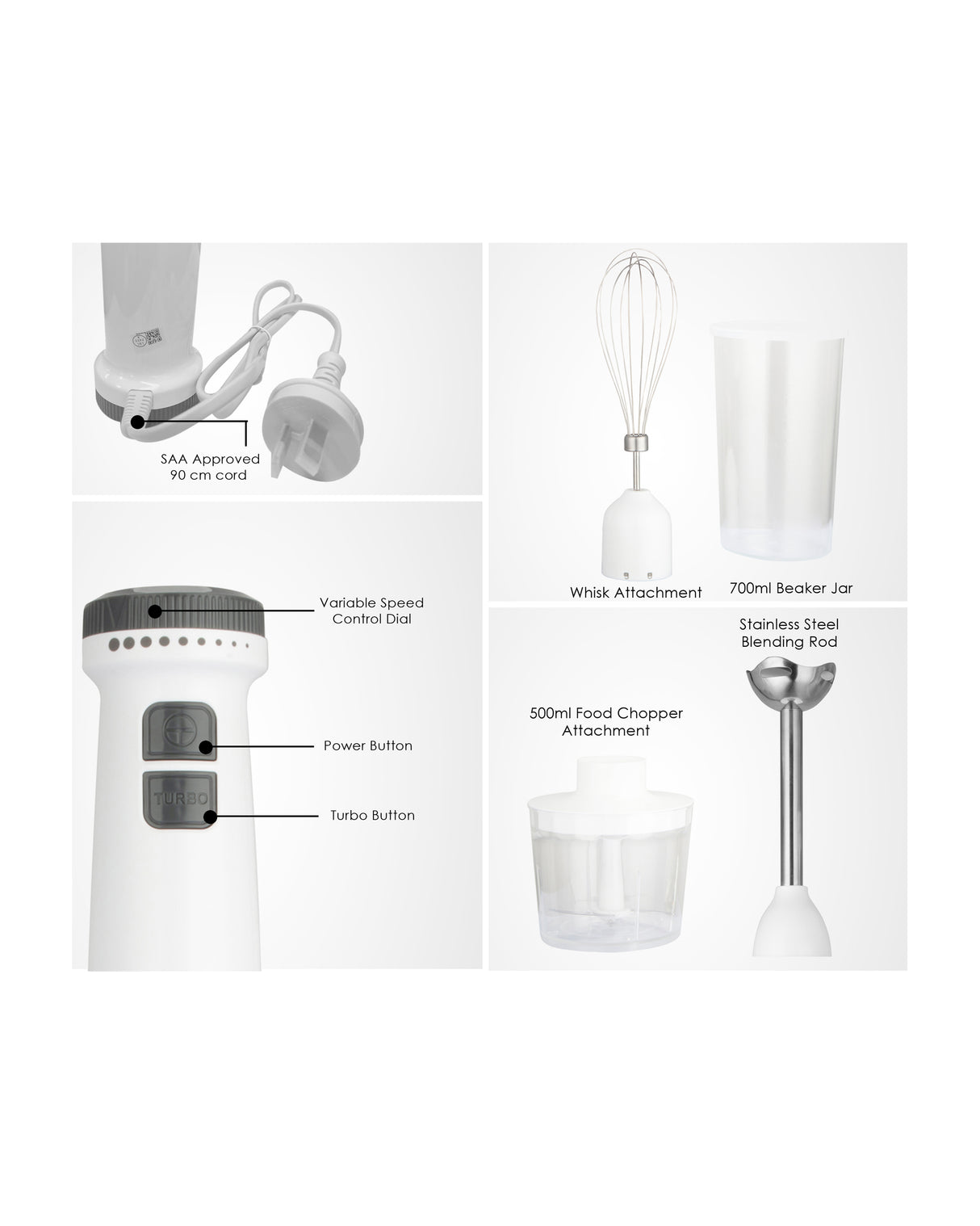 TODO Stick Mixer Set Food Chopper Electric Blender Whisk Handheld Beaker Jar Bowl - White