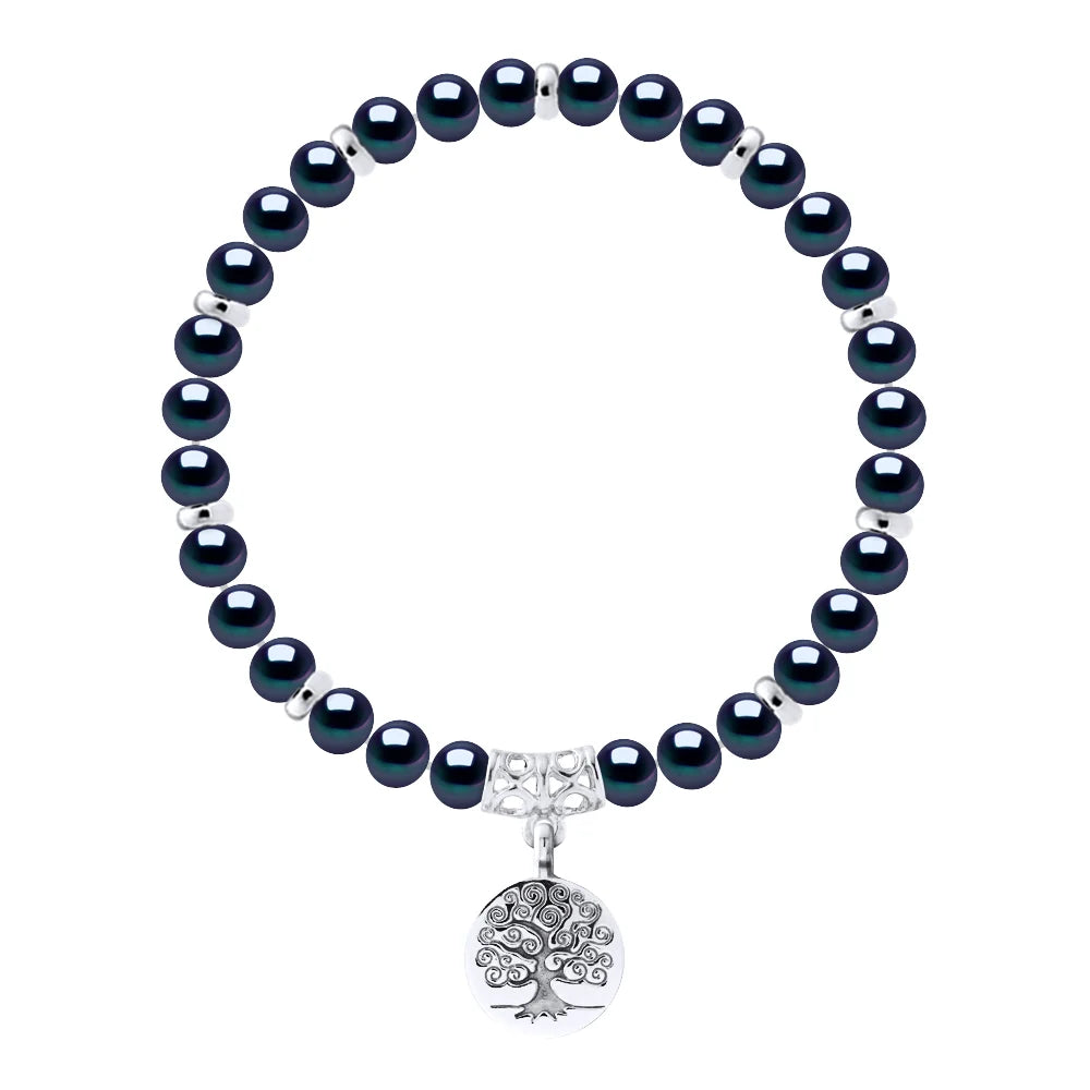 Bracelet Lucky Charm Semi-Round Freshwater Pearl Black 6-7mm 18cm