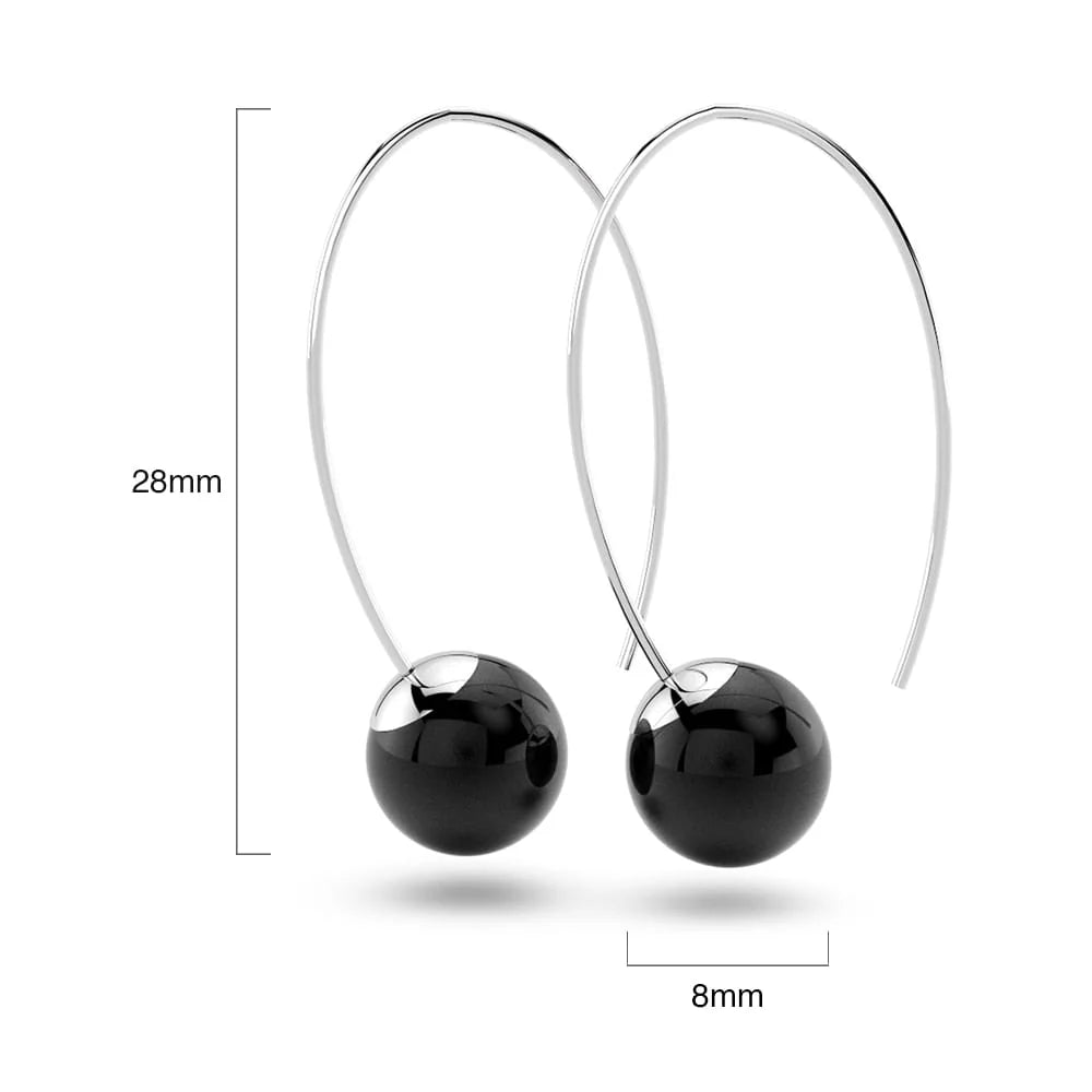 Solid 925 Sterling Silver Round Onyx Dangle Earrings