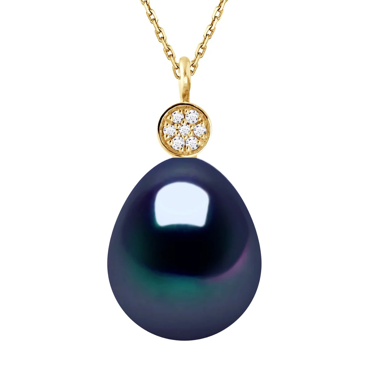 Necklace Prestige Drop Freshwater Pearl & Diamond Black Yellow Gold