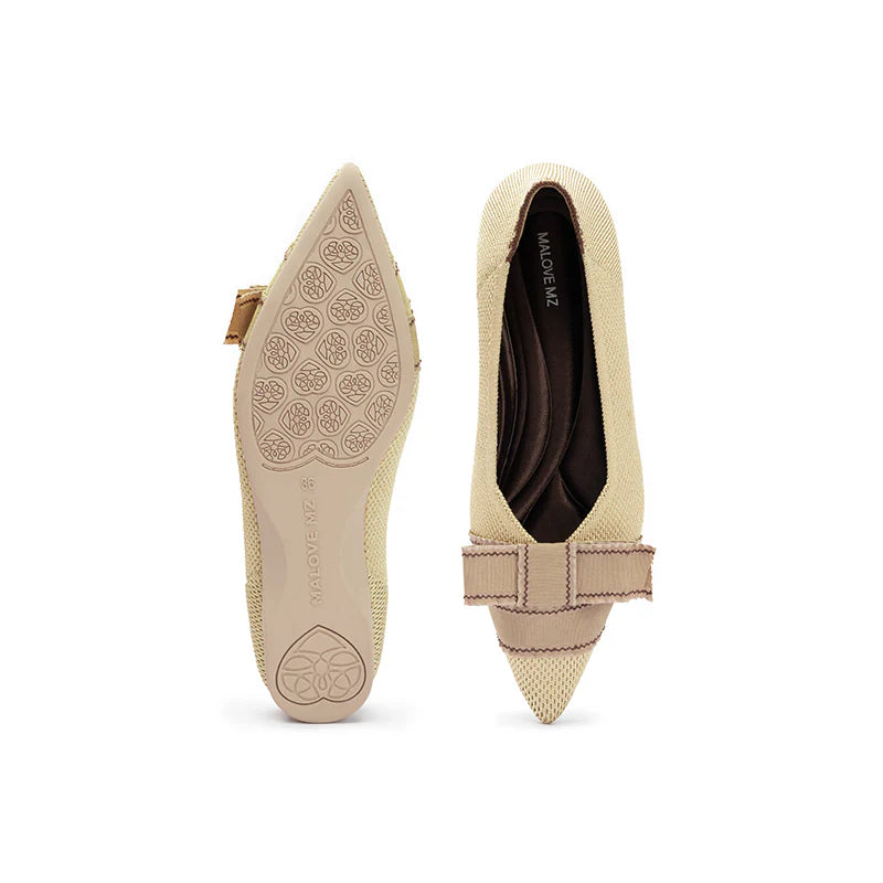Vintage Bow Pointed Toe Flats - Beige