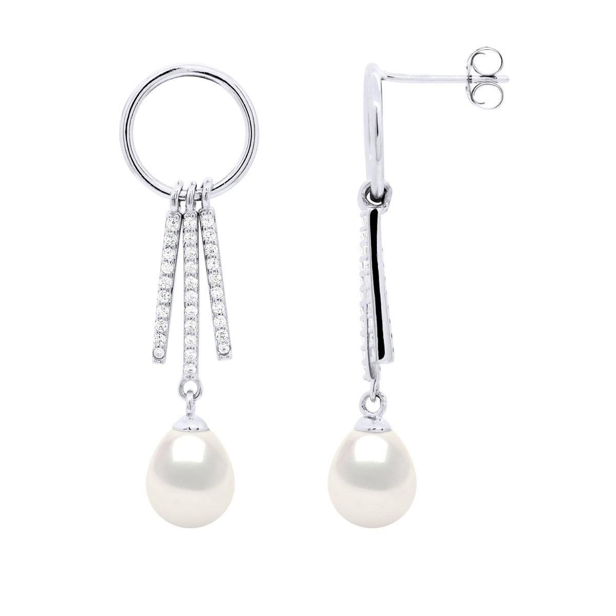 Hanging Earrings Round and Strips Mounted with Cubic Zirconia - Natural White - Longueur 18 cm
